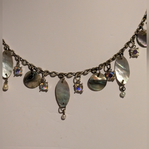 Necklace Iridescent Shell Rhinestone Faux Pearl Silvertone Chain Boho Whimsygoth - Picture 2 of 10